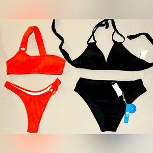 (Bundle of 2)CUPSHE Swimwear Orange One Shoulder Cheeky,Black Mid-rise (Small)